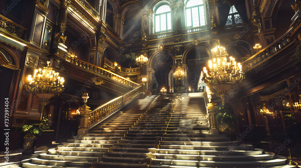 Luxurious European Palace Interior, Golden Baroque Architecture, Historic Landmark with Artistic Decor
