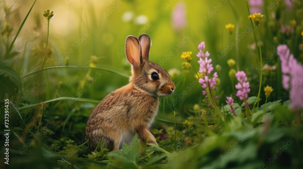 Fototapeta premium a small rabbit sitting in the middle of a field of grass and wildflowers, with a blurry background of pink and yellow flowers.