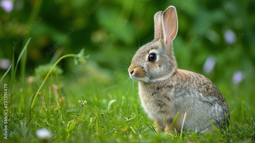 a close up of a rabbit in a field of grass with a blurry background of purple flowers and greenery. a close up of a rabbit in a field of grass with a blurry background of purple flowers and greenery.