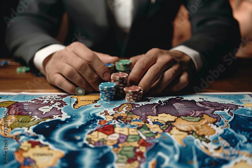 Close-up of Businessman's Hands with Poker Chips on World Map