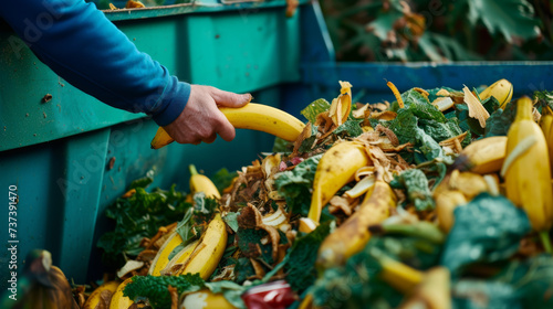 A hand is shown throwing a banana peel into a compost bin filled with various organic waste against a blue background, illustrating sustainable food waste management.
