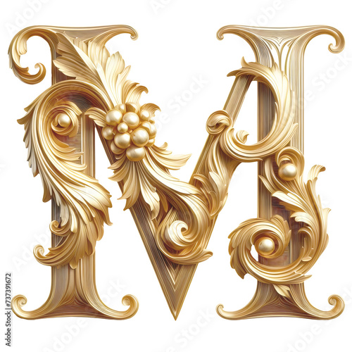 An ornate Heraldic style golden M letter cutout