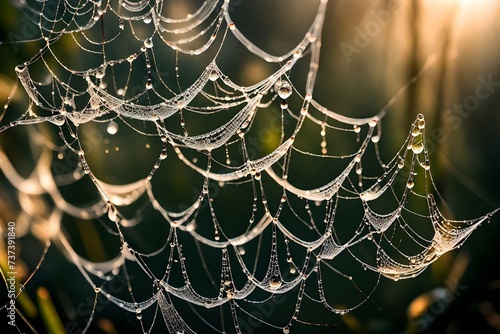 A macro shot of dewdrops on delicate spider webs, catching the morning sunlight. © Rafay Arts