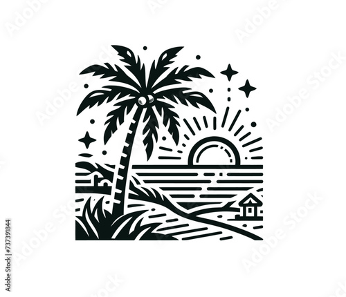 Palm beach vacation vector illustration emblem. Ocean  sunrise  holiday.