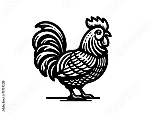 Chicken rooster vector illustration in linocut gravure style 