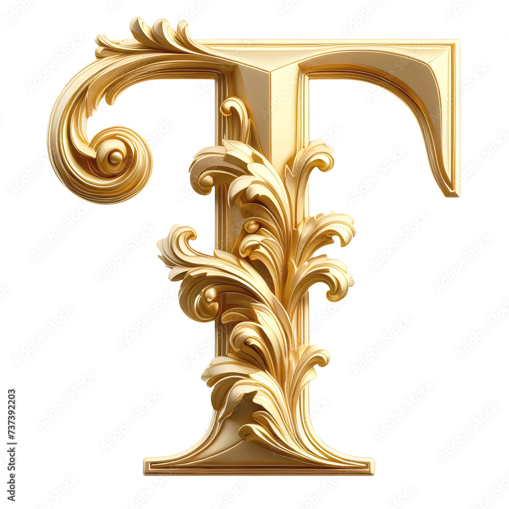 An ornate Heraldic style golden T letter cutout - obrazy, fototapety, plakaty 