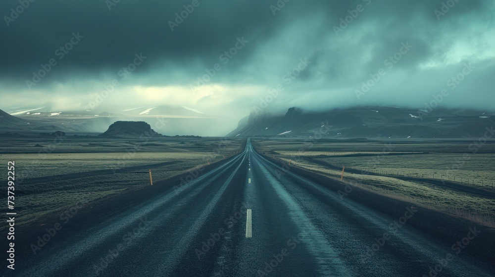a long stretch of road in the middle of a field with a mountain in the distance under a cloudy sky.