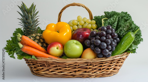 An assortment of colorful fresh vegetables and fruits spilling out of a wicker basket, representing a healthy diet and nutrition.