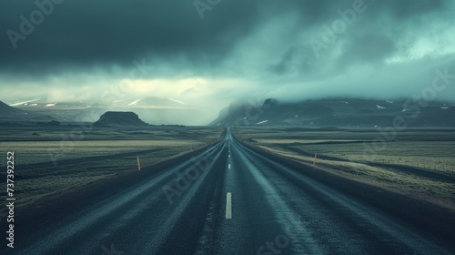 a long stretch of road in the middle of a field with a mountain in the distance under a cloudy sky.