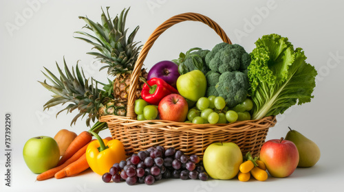 An assortment of colorful fresh vegetables and fruits spilling out of a wicker basket  representing a healthy diet and nutrition.