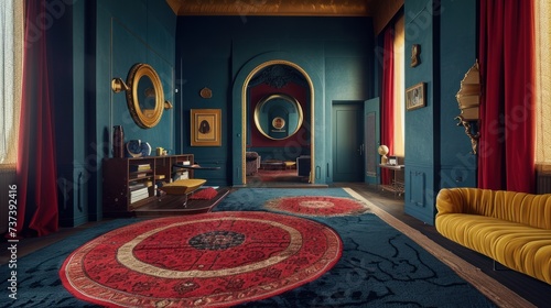 a room with blue walls and a red rug on the floor and a yellow couch in the middle of the room.