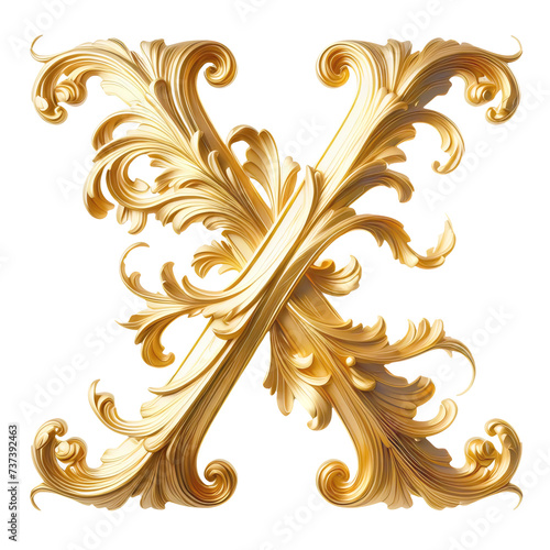 An ornate Heraldic style golden X letter cutout