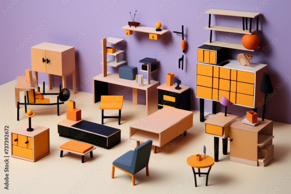doll furniture set set, in the style of graphic minimalism doll furniture set set, in the style of graphic minimalism
