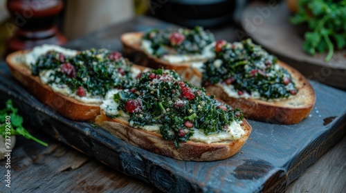 a wooden cutting board topped with slices of bread covered in spinach and crumbled with crumbled cheese.