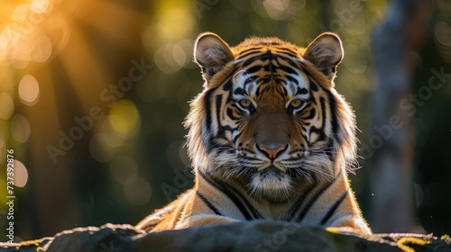 a close up of a tiger laying on top of a pile of dirt next to a forest filled with trees.