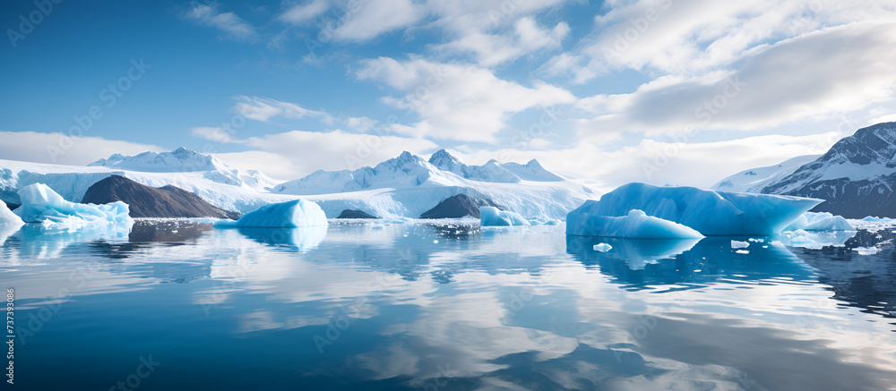 Fantastic winter landscape with icebergs in the ocean 3d rendering.AI Generative
