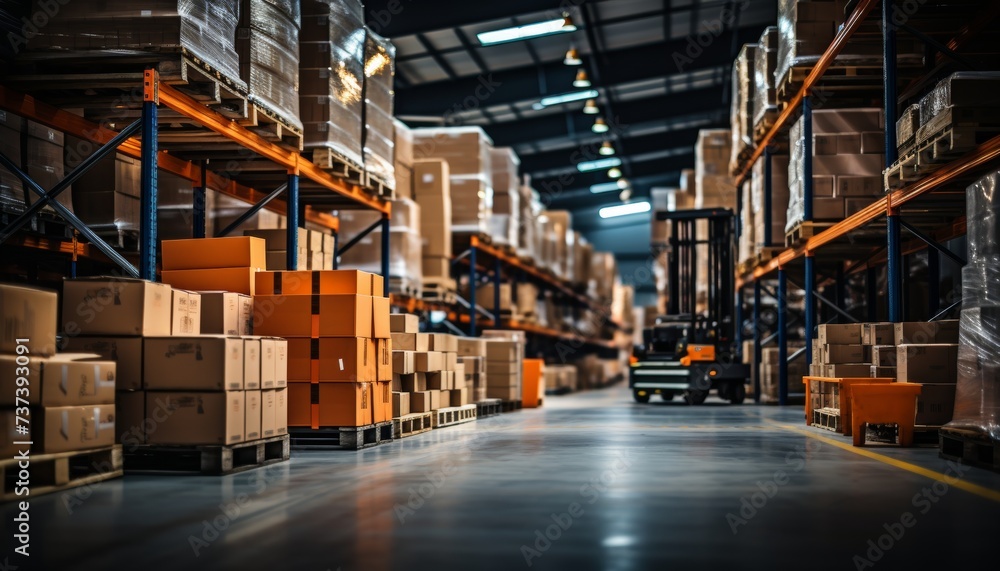 Modern logistics warehouse interior with organized shelves and pallets for storage Modern logistics warehouse interior with organized shelves and pallets for storage