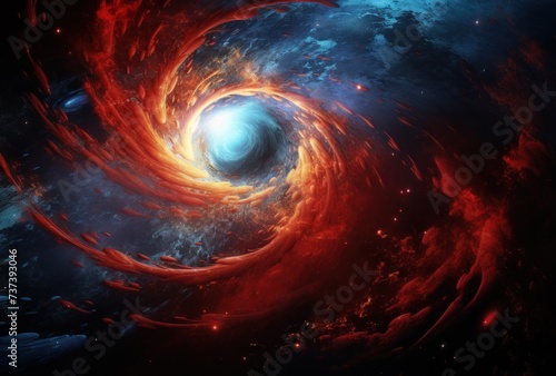 a red and blue swirl is in the center of a blue and red background with stars and a black hole in the center.