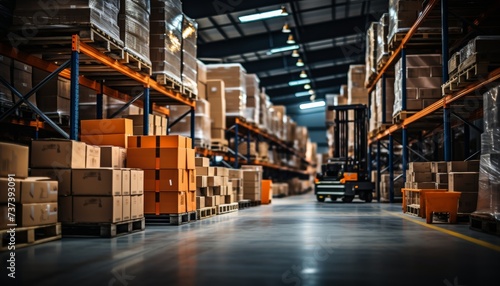 Modern logistics warehouse interior with organized shelves and pallets for storage
