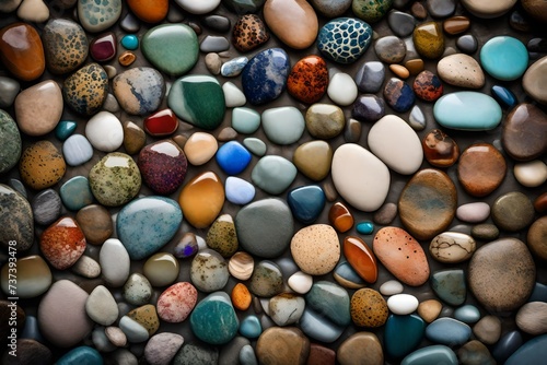 A top-down view of a symmetrical arrangement of colorful stones on the bed of a shallow river.