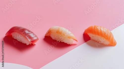 three pieces of sushi on a pink and white and pink and white background with one piece of sushi on a pink and white and one piece of sushi on a pink and white background.