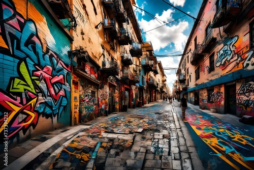 : A vibrant street scene captured from ground level, with colorful graffiti adorning the walls of buildings and people going about their daily lives amidst the urban hustle and bustle. -- 3:2 --v4 © Creative