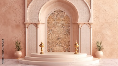 A minimalist, empty podium set against a clean backdrop adorned with Ramadan ornaments
