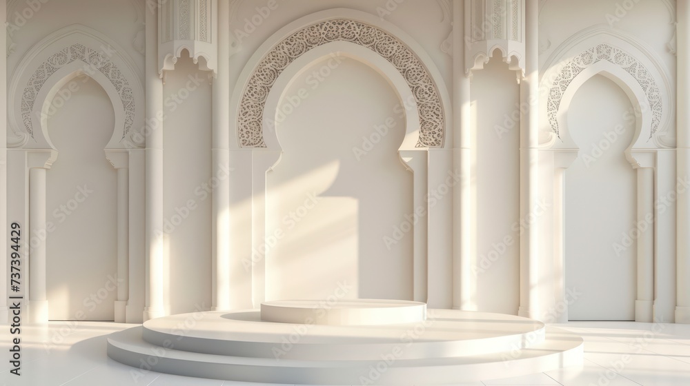 A minimalist, empty podium set against a clean white backdrop adorned with Ramadan ornaments