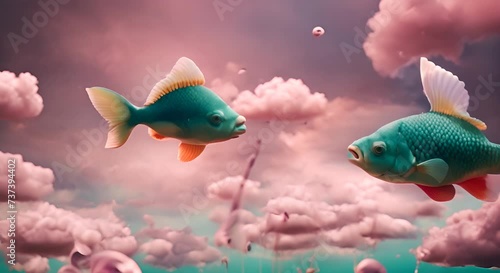 surreali pesci turchesi che volano nel cielo in mezzo a nuvole rosa all'alba,  video rilassante e surreale che crea pace e calma, ritmo lento  photo