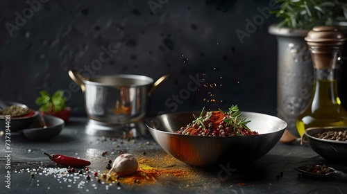 Delicious pasta dish on a dark table, sprinkled with herbs. cooking in action, kitchen background. culinary delight, food styling. AI
