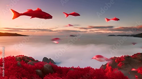 surreali pesci rossi  che volano nel cielo in mezzo a nuvole rosa all'alba,  video rilassante e surreale che crea pace e calma, ritmo lento  photo