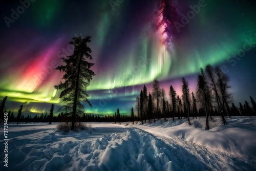 The mesmerizing play of colors in the sky during a Northern Lights display over a snow-covered field. © AR Arts