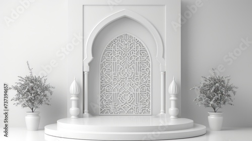 A minimalist  empty podium set against a clean white backdrop adorned with Ramadan ornaments