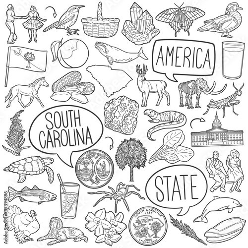 South Carolina Doodle Icons Black and White Line Art. USA State Clipart Hand Drawn Symbol Design.