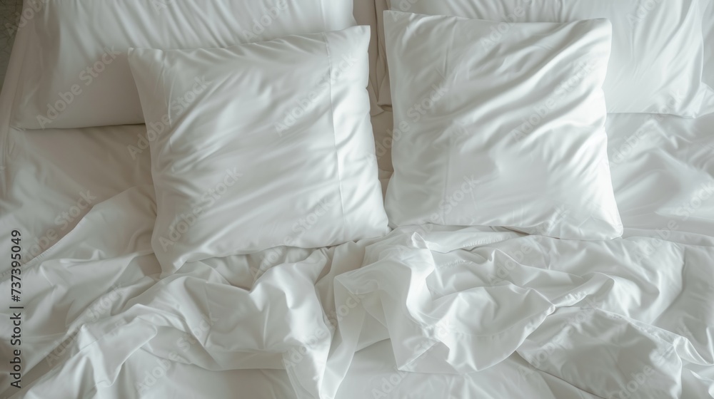a close up of a bed with white sheets and pillows with a white comforter and pillows on top of the bed.