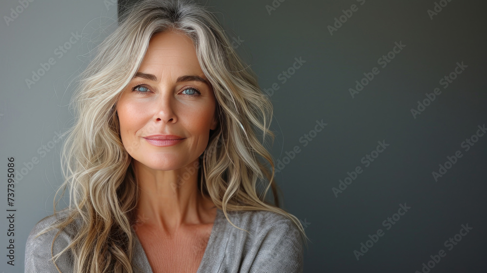 Portrait of beautiful senior woman on grey background.