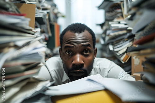 African American man in an office, overwhelmed by a mountains of paperwork