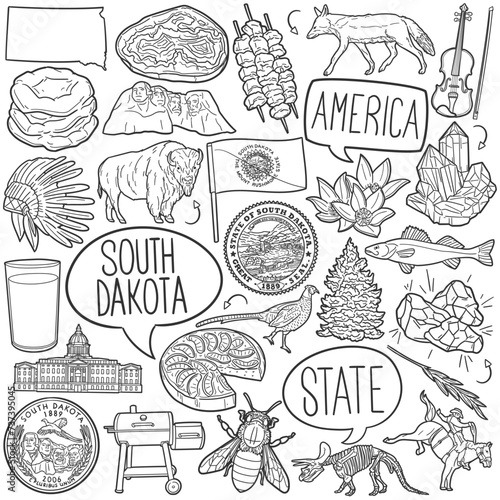 South Dakota Doodle Icons Black and White Line Art. USA State Clipart Hand Drawn Symbol Design.