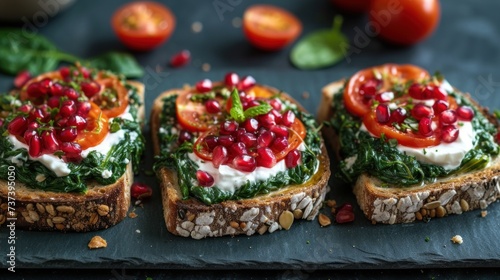 Wallpaper Mural a couple of pieces of bread topped with veggies and pomegranate on top of each other. Torontodigital.ca