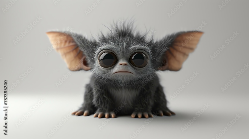 A charming 3D rendering of a cute mogwai creature against a clean white background. Its adorable features and playful expression are sure to warm hearts and bring a touch of whimsy to any pr