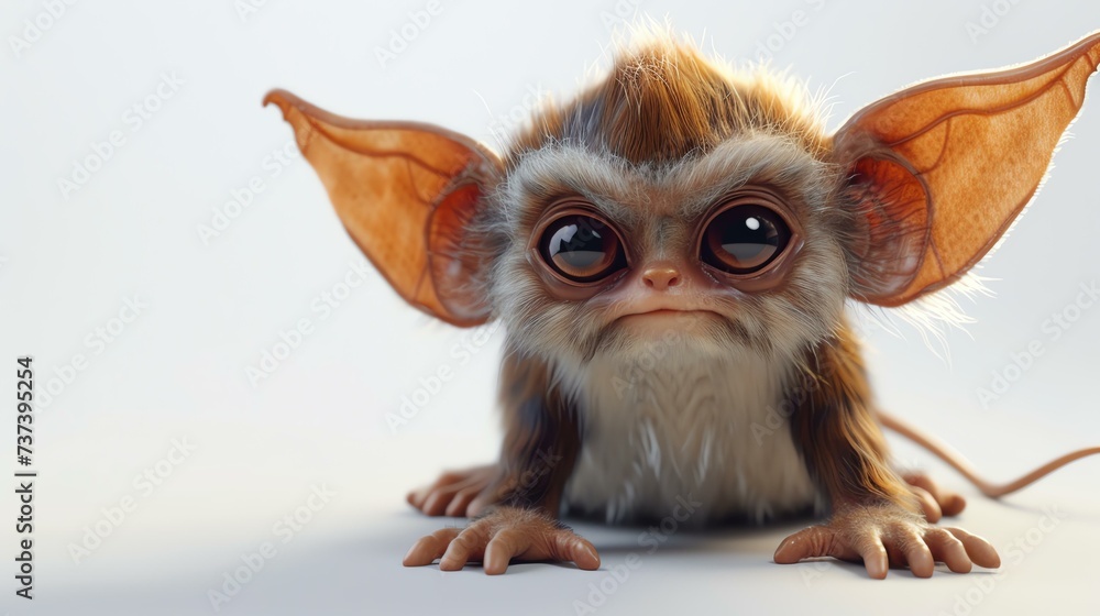 A charming and playful 3D character, resembling a cute mogwai, sitting on a pristine white background. Perfect for designs and projects seeking an adorable touch of whimsy.