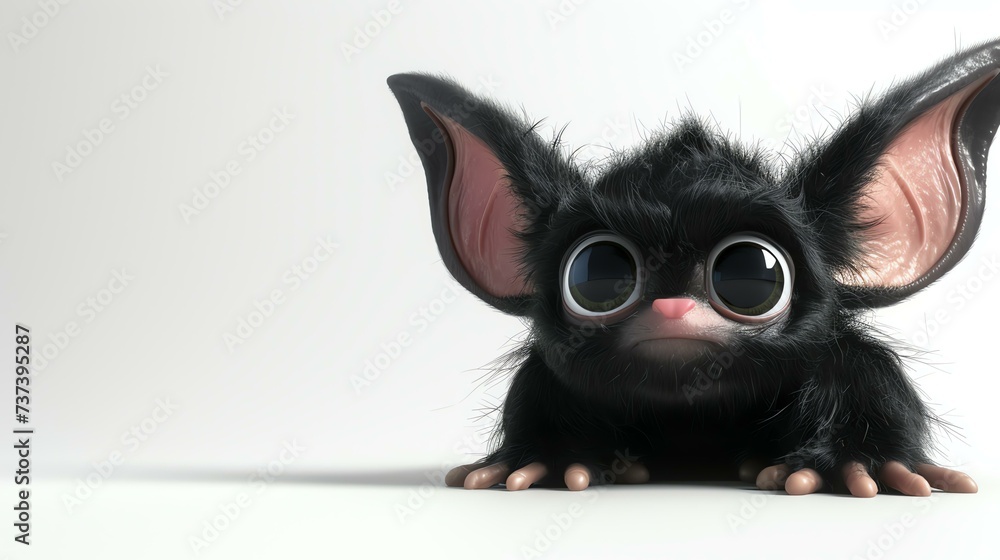 A delightful 3D rendering of a cute mogwai creature with adorably oversized eyes, showcasing its lovable and innocent charm against a pristine white background. Perfect for adding a touch of - obrazy, fototapety, plakaty 