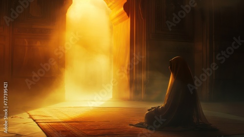 Muslim woman wearing a hijab while praying to Allah, great for Ramadan-themed backgrounds or banners