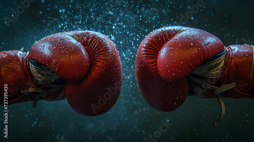 Two male hands in boxing gloves. Sports confrontation.Glove Touch Sportsmanship: Document the moment of sportsmanship as two boxers touch gloves at the start of a match, showing respect for each other