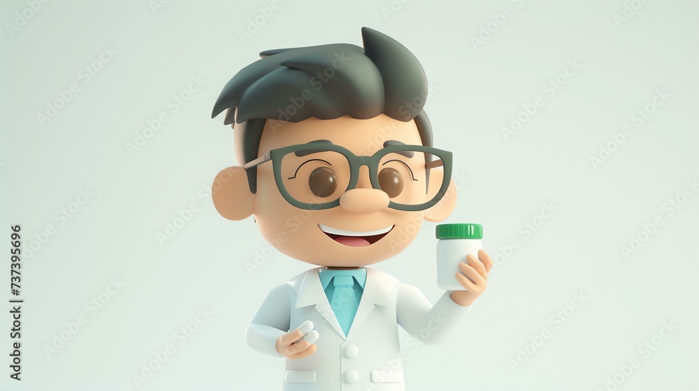 A charming 3D illustration of a cute pharmacist holding a prescription bottle, standing against a clean white background. This delightful image captures the essence of pharmaceutical care an