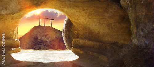 Three wooden crosses on a hill in the morning. Concept of Crucifixion on Mount Golgotha, resurrection of Jesus Christ. Christian Easter holiday symbol, Calvary