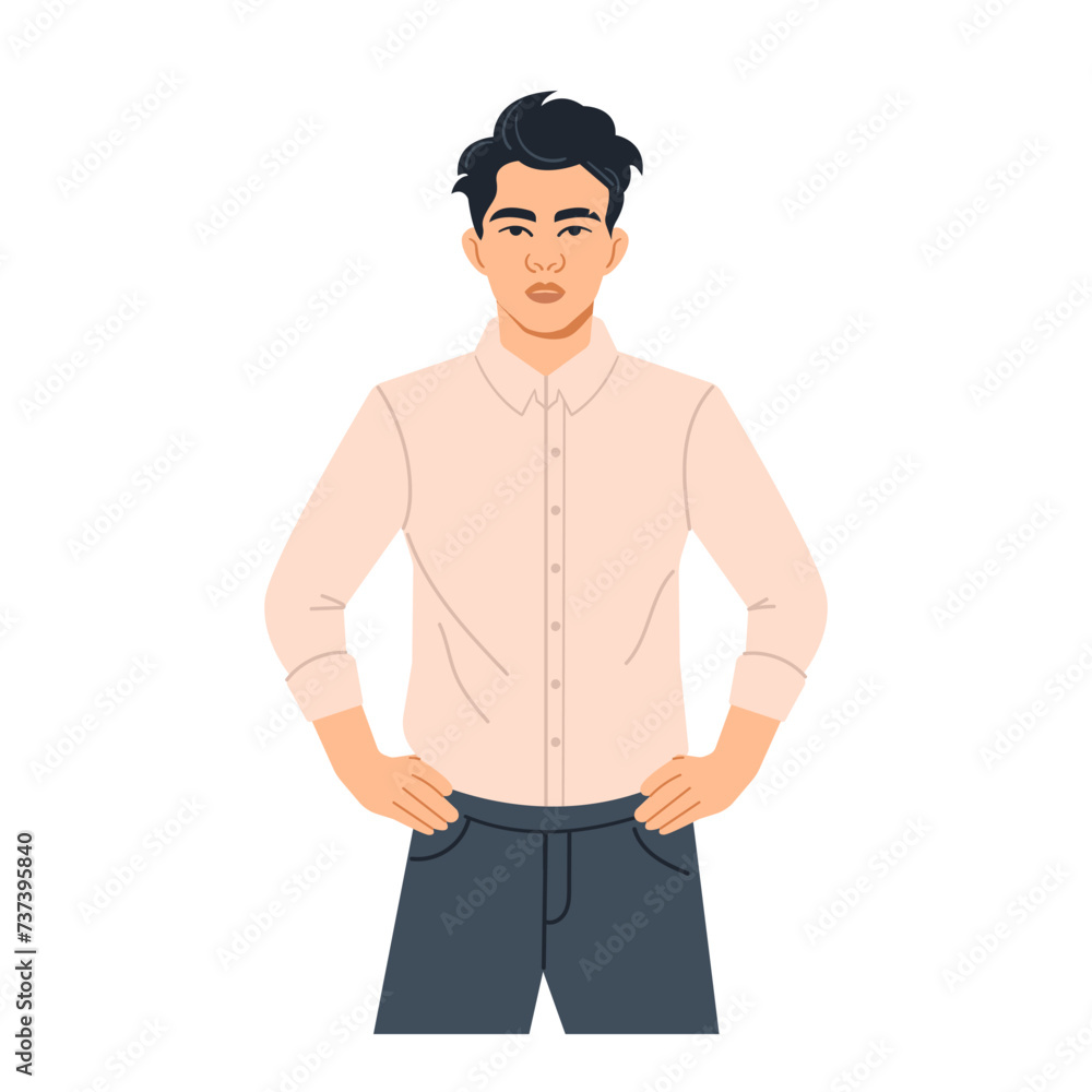 A young dark-haired Asian man stands straight and holds his hands on his belt. Hands on hips gesture. A male character with a fashionable hairstyle. Human poses. Posing. Vector illustration in a flat A young dark-haired Asian man stands straight and holds his hands on his belt. Hands on hips gesture. A male character with a fashionable hairstyle. Human poses. Posing. Vector illustration in a flat