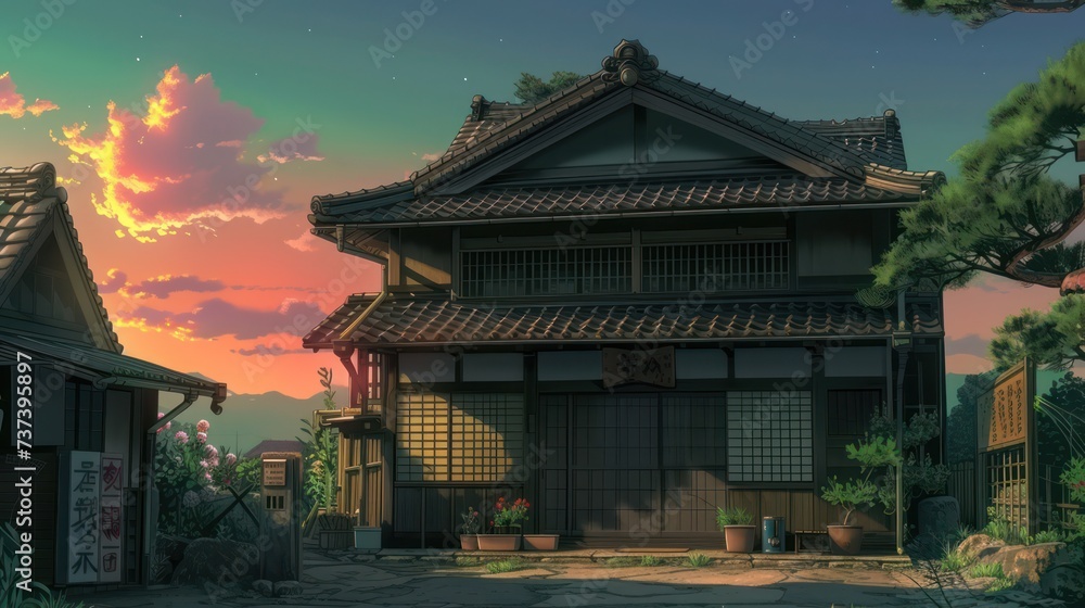 In this modern anime, a traditional Japanese house is portrayed from the front against the backdrop of a sunset.