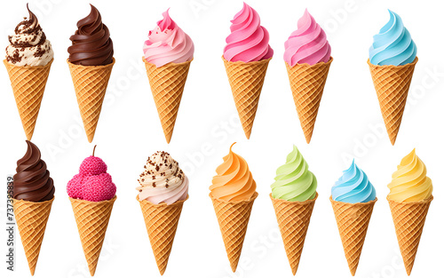 Ice cream scoop waffle cone on transparent background. Many assorted different flavours cones