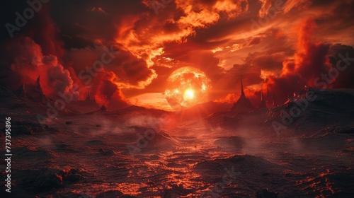 Creepy apocalyptic red landscape. AI generated.